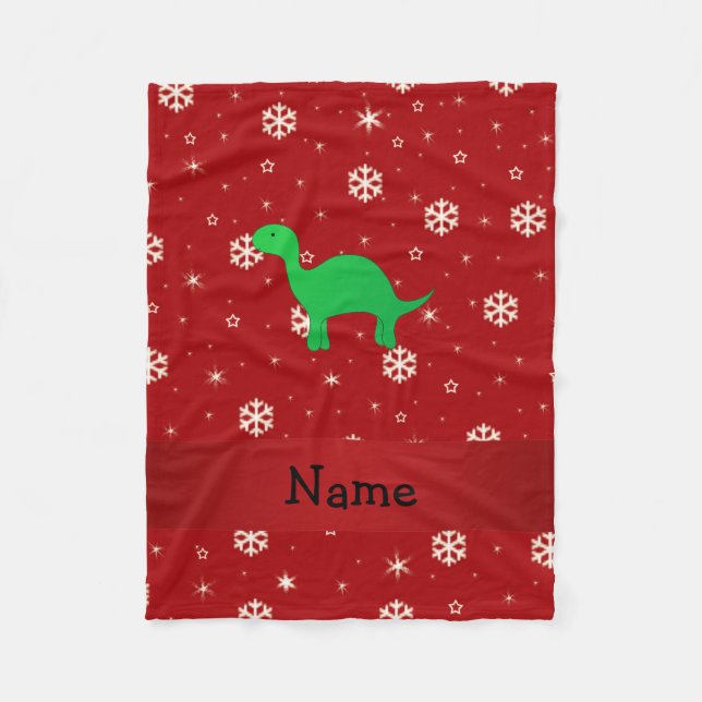 Personalised name dinosaur red snowflakes fleece blanket (Front)