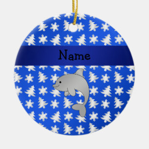 Personalised name dolphin blue snowflakes trees ceramic tree decoration