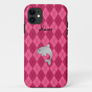 Personalised name dolphin pink argyle iPhone 11 case