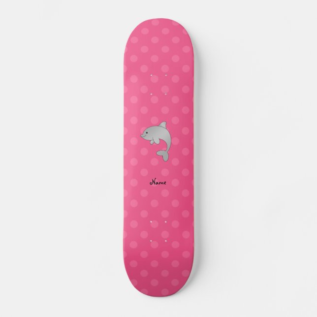 Personalised name dolphin pink polka dots skateboard (Front)