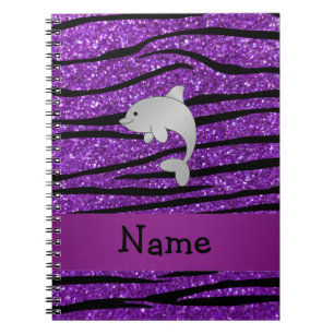 Personalised name dolphin purple zebra stripes notebook