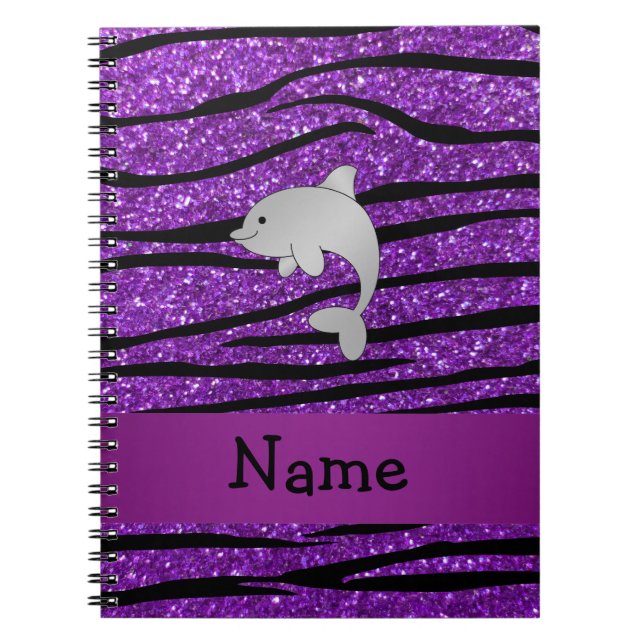 Personalised name dolphin purple zebra stripes notebook (Front)