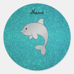 Personalised name dolphin turquoise glitter classic round sticker