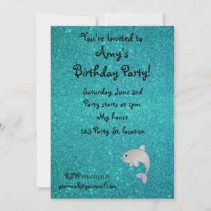 Personalised name dolphin turquoise glitter invitation