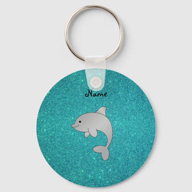 Personalised name dolphin turquoise glitter key ring (Front)