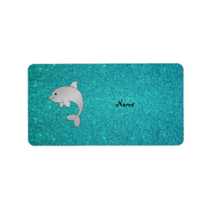 Personalised name dolphin turquoise glitter label