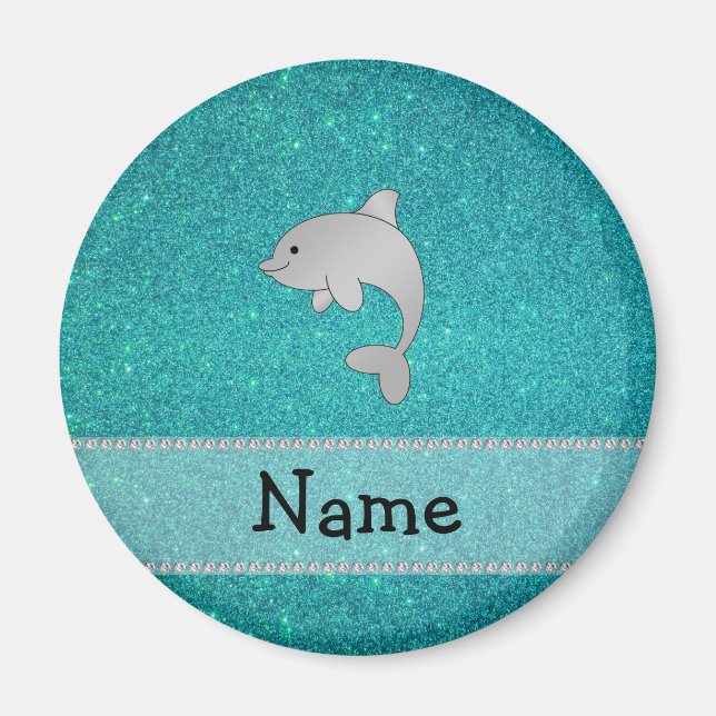 Personalised name dolphin turquoise glitter magnet (Front)