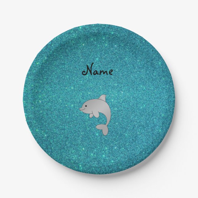 Personalised name dolphin turquoise glitter paper plate (Front)