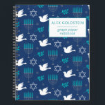 Personalised Name Dove Blue Menorah Hanukkah Notebook<br><div class="desc">This unique graph paper notebook features a special Hanukkah pattern with menorahs,  peace doves,  and Jewish stars illustrated in dark teal blue. The cover is personalised with your name,  making it a perfect gift or keepsake for the holiday season. Ideal for jotting down notes,  sketches,  or plans.</div>
