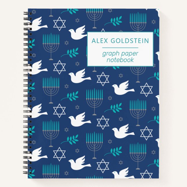 Personalised Name Dove Blue Menorah Hanukkah Notebook (Front)