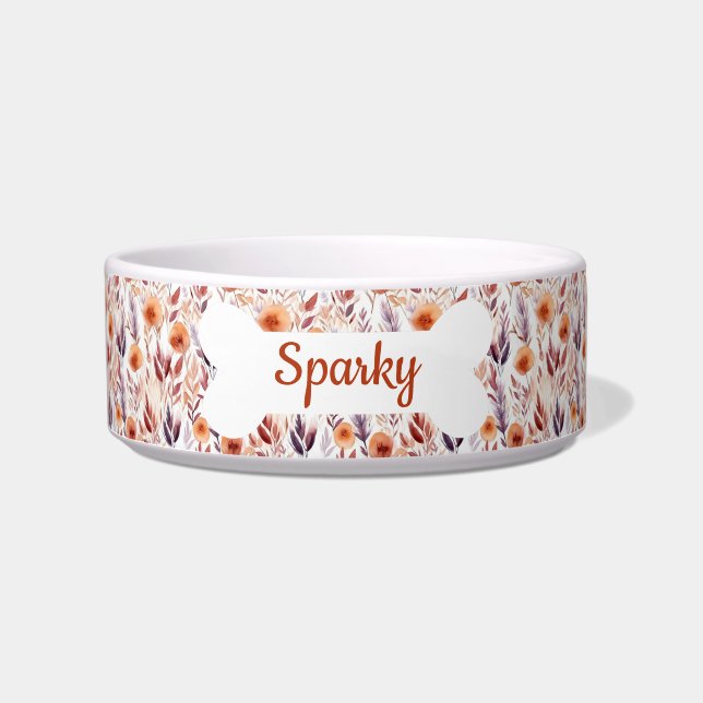Personalised Name Dried Flowers Pattern Pet Dog Bowl (Front)