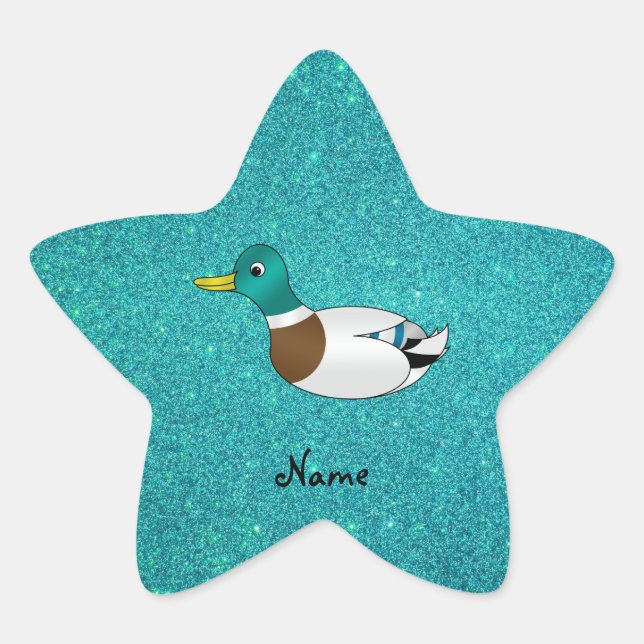Personalised name duck turquoise glitter star sticker (Front)