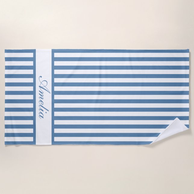 Personalised Name Dusty Blue Stripes Beach Towel (Front)