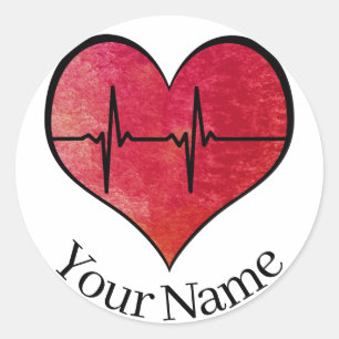Personalised Name EKG Red -- Watercolor Heart Classic Round Sticker