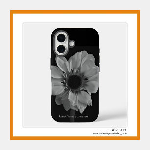 Personalised Name Elegant Black and White Flower iPhone 16 Case