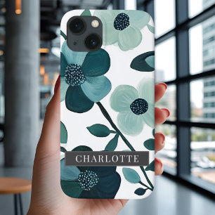  Personalised Name Elegant Blue Aqua Floral Vines iPhone 13 Case