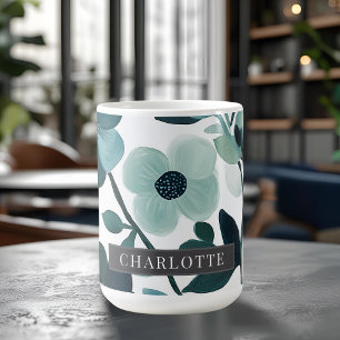  Personalised Name Elegant Blue Aqua Floral Vines Coffee Mug