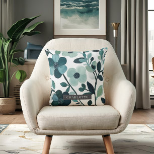 Personalised Name Elegant Blue Aqua Floral Vines Cushion