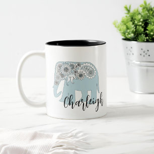 Personalised Name Elegant Blue Paisley Elephant Two-Tone Coffee Mug