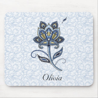 Personalised Name Elegant Floral Paisley Blue Mouse Mat