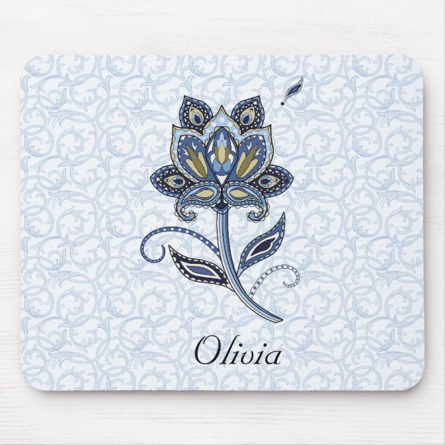 Personalised Name Elegant Floral Paisley Blue Mouse Mat (Front)