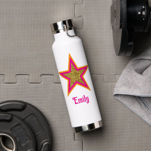 Personalised name elegant gold glitter &pink star water bottle