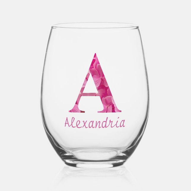 Personalised Name Elegant Pink Floral Monogram "A" Stemless Wine Glass (Front)
