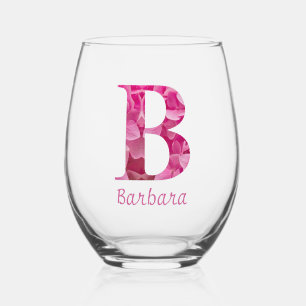 Personalised Name Elegant Pink Floral Monogram "B" Stemless Wine Glass