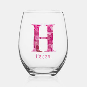Personalised Name Elegant Pink Floral Monogram "H" Stemless Wine Glass