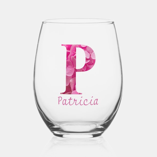 Personalised Name Elegant Pink Floral Monogram "P" Stemless Wine Glass (Front)