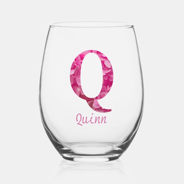 Personalised Name Elegant Pink Floral Monogram "Q" Stemless Wine Glass (Front)