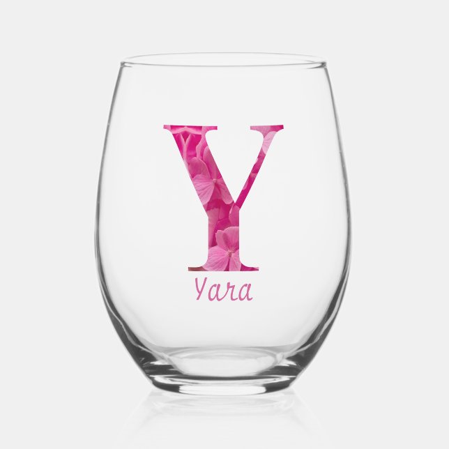 Personalised Name Elegant Pink Floral Monogram "Y" Stemless Wine Glass (Front)
