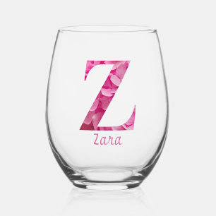 Personalised Name Elegant Pink Floral Monogram "Z" Stemless Wine Glass