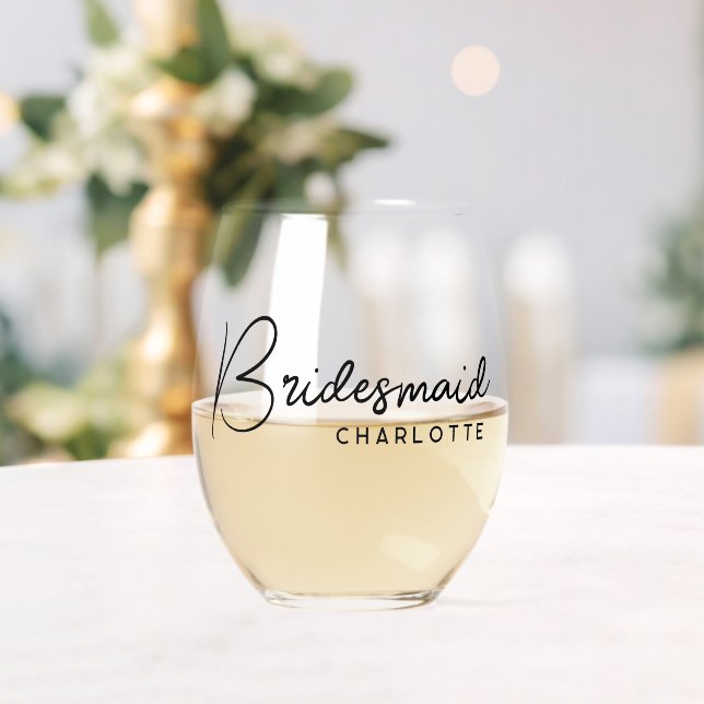 Personalised Name Elegant Script Bridesmaid Gift Stemless Wine Glass (Insitu (Wedding))