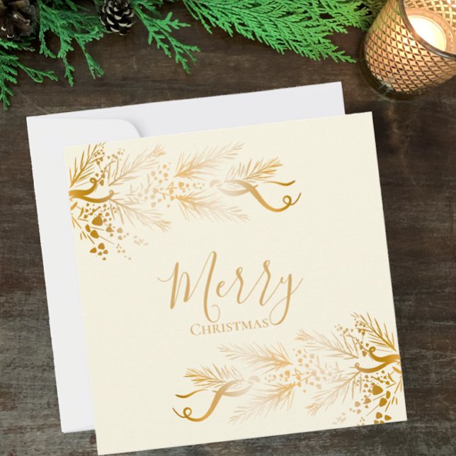 Personalised Name Elegant Unique Merry Christmas Holiday Card (Personalize this original design golden cream Merry Christmas greeting card with family name custom )