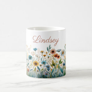 Personalised Name Elegant Watercolor Floral Gift Coffee Mug