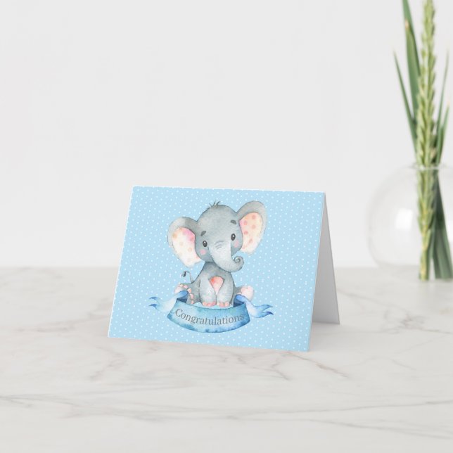 Personalised Name Elephant Baby Boy Blue and Grey  Thank You Card (Front)