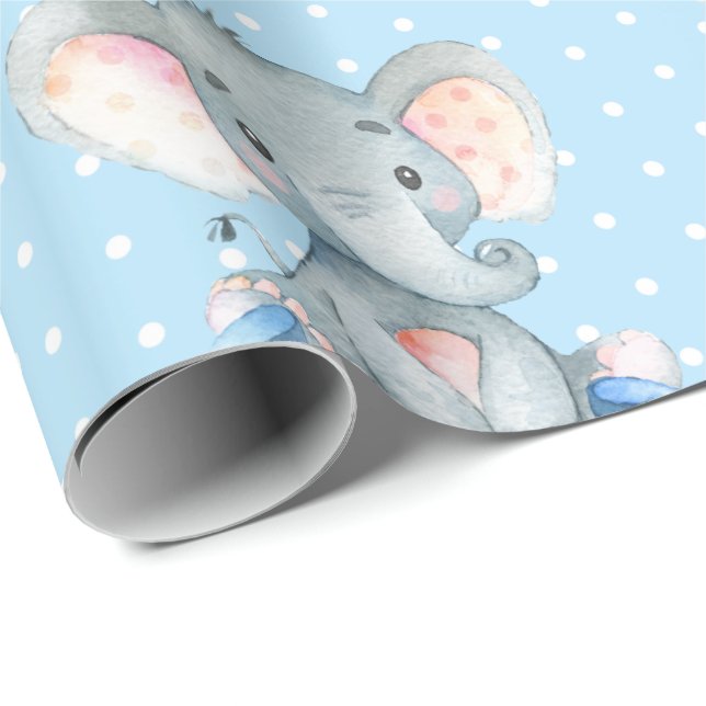 Personalised Name Elephant Baby Boy Blue and Grey Wrapping Paper (Roll Corner)