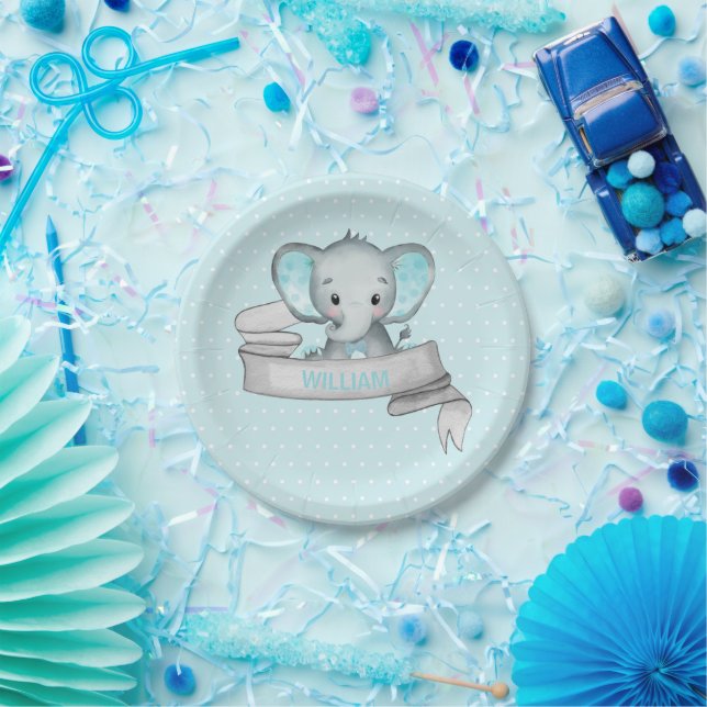 Personalised Name Elephant Baby Boy Blue & Grey Paper Plate (Party)