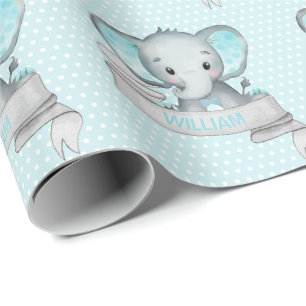 Personalised Name Elephant Baby Boy Blue & Grey Wrapping Paper