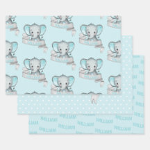 Personalised Name Elephant Baby Boy Blue Grey