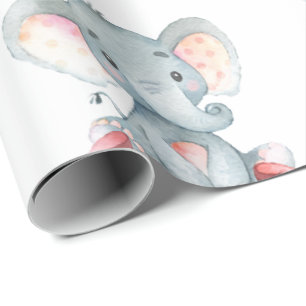 Personalised Name Elephant Baby Girl Pink and Grey Wrapping Paper