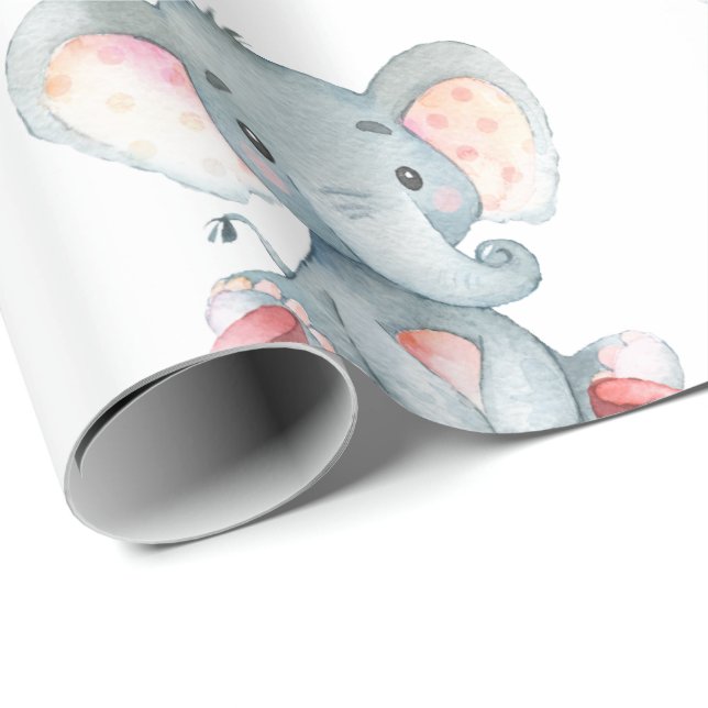 Personalised Name Elephant Baby Girl Pink and Grey Wrapping Paper (Roll Corner)