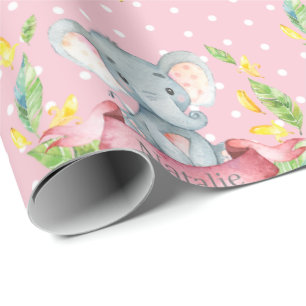 Personalised Name Elephant Baby Girl Pink and Grey Wrapping Paper