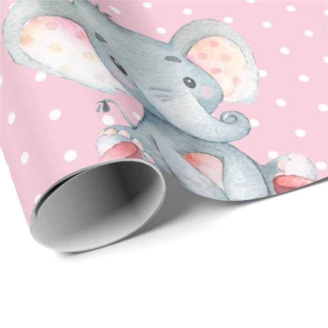 Personalised Name Elephant Baby Girl Pink and Grey Wrapping Paper (Roll Corner)