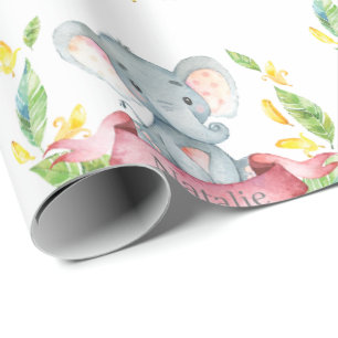 Personalised Name Elephant Baby Girl Pink and Grey Wrapping Paper