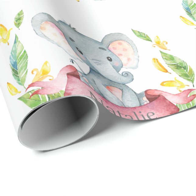 Personalised Name Elephant Baby Girl Pink and Grey Wrapping Paper (Roll Corner)
