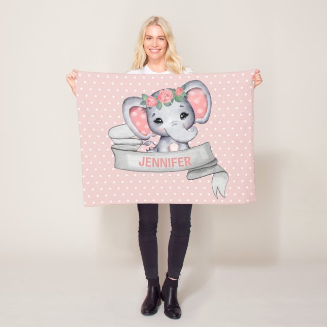 Personalised Name Elephant Baby Girl Pink & Grey Fleece Blanket (In Situ)