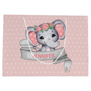 Personalised Name Elephant Baby Girl Pink & Grey Large Gift Bag