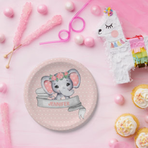 Personalised Name Elephant Baby Girl Pink & Grey P Paper Plate